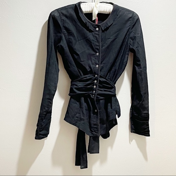 ANA NONZA Black Semi Sheer Button Up Belted Blouse
